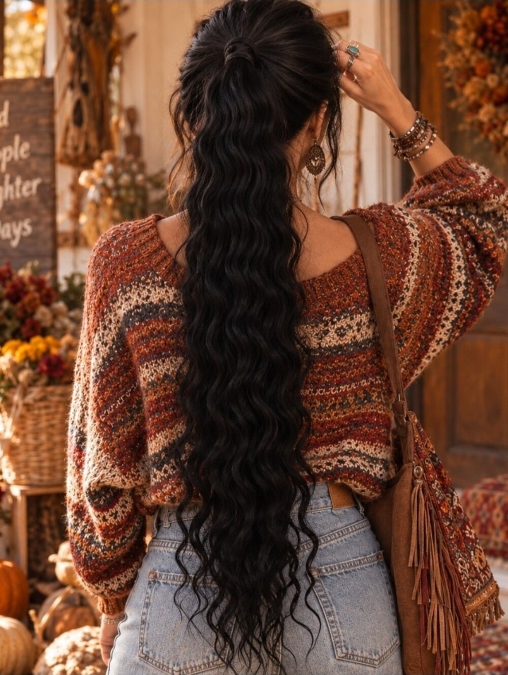 24" Black Wavy Curly Ponytail Hair Extension | Hand-Sewn Long Hairpiece